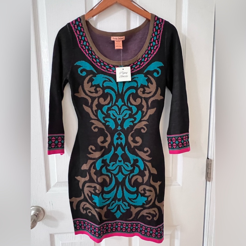 NWT Flying Tomato knit dress Pink Clover Women's Black and Teal
